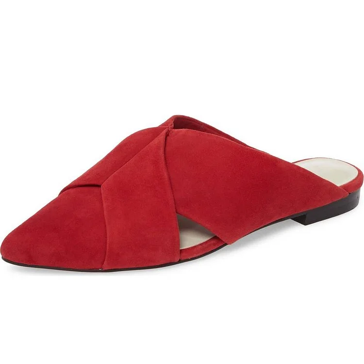 Red Vegan Suede Women's Mule Almond Toe Flats |FSJ Shoes