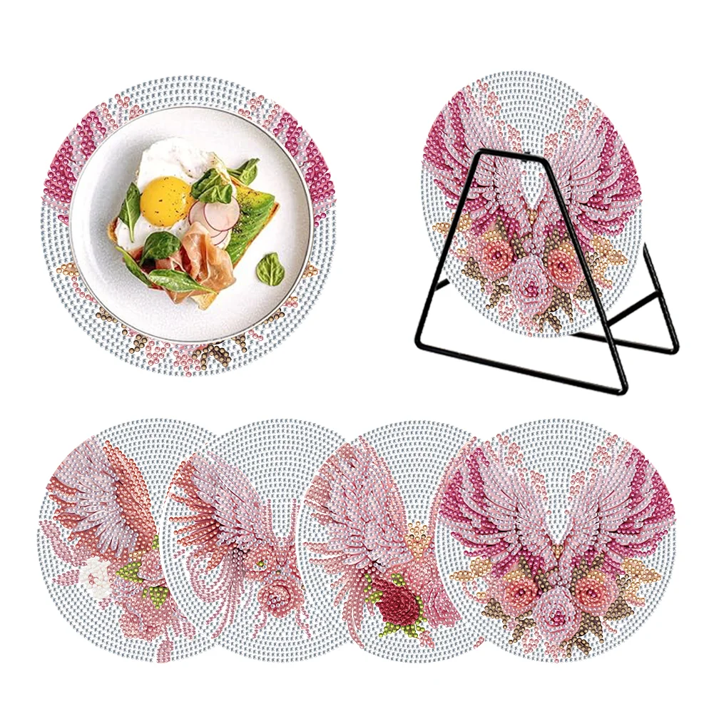 4 PCS DIY Pink Feather Acrylic Diamond Painted Placemats with Holder