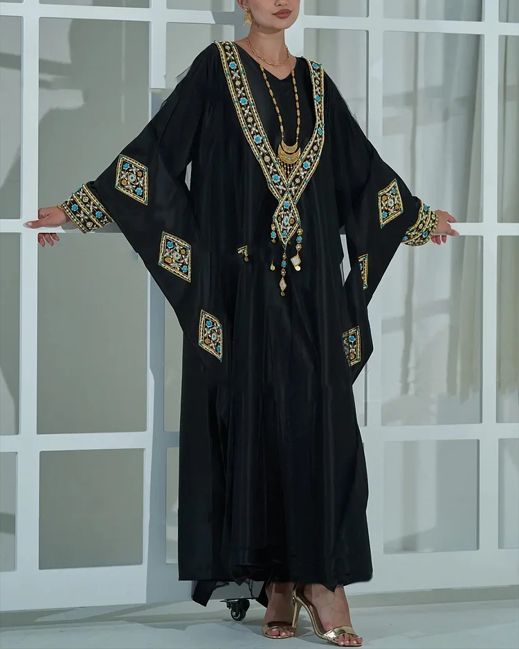 Women's V Neck Long Sleeve Embroidered Dress