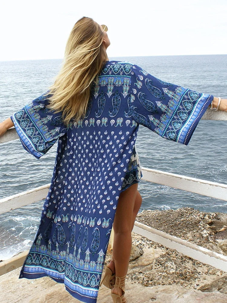 Fitshinling Big Sleeve Beach Kimono Swimwear Print Swimsuits Cove-Up BOHO Summer Sexy Long Cardigan Holiday Slim Bikini Outing