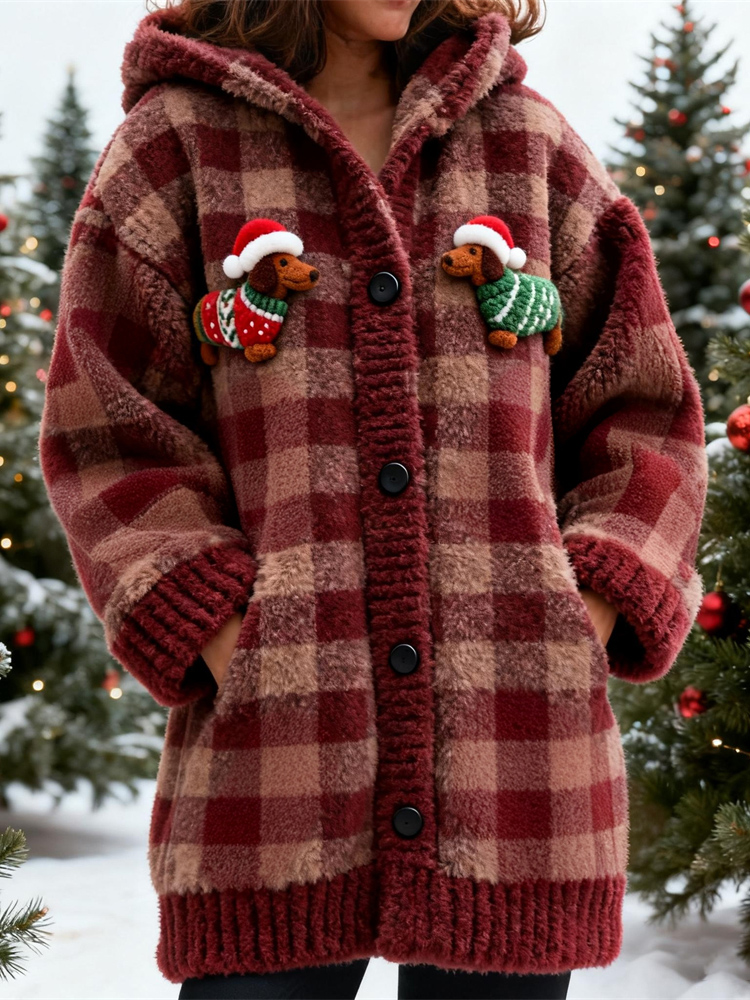 Christmas Puppy Theme Women's Hooded Plush Cardigan elevenforest