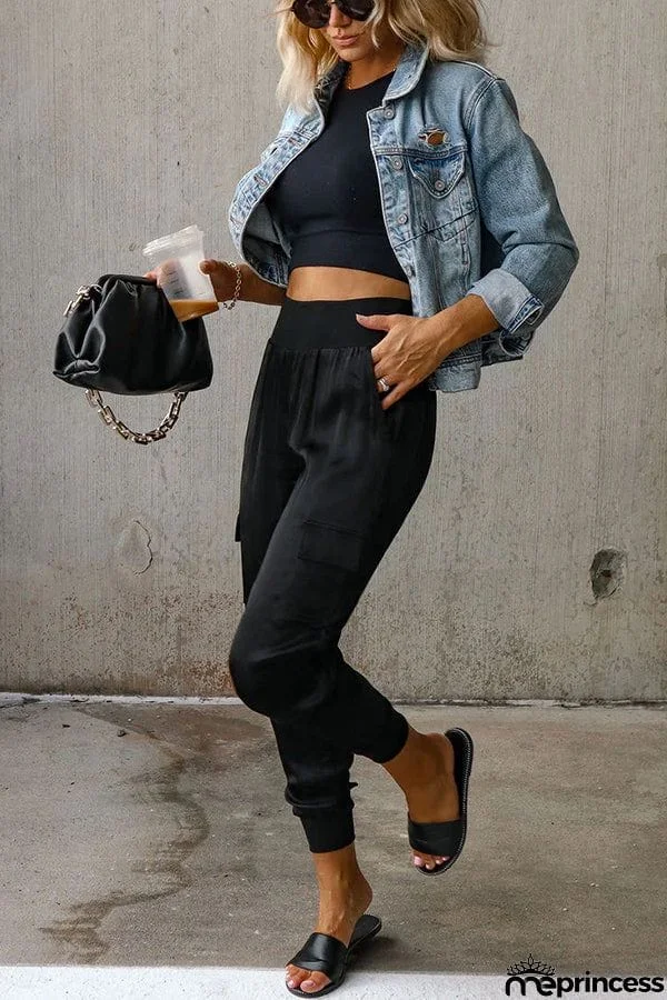 Satin High Waist Pocketed Joggers