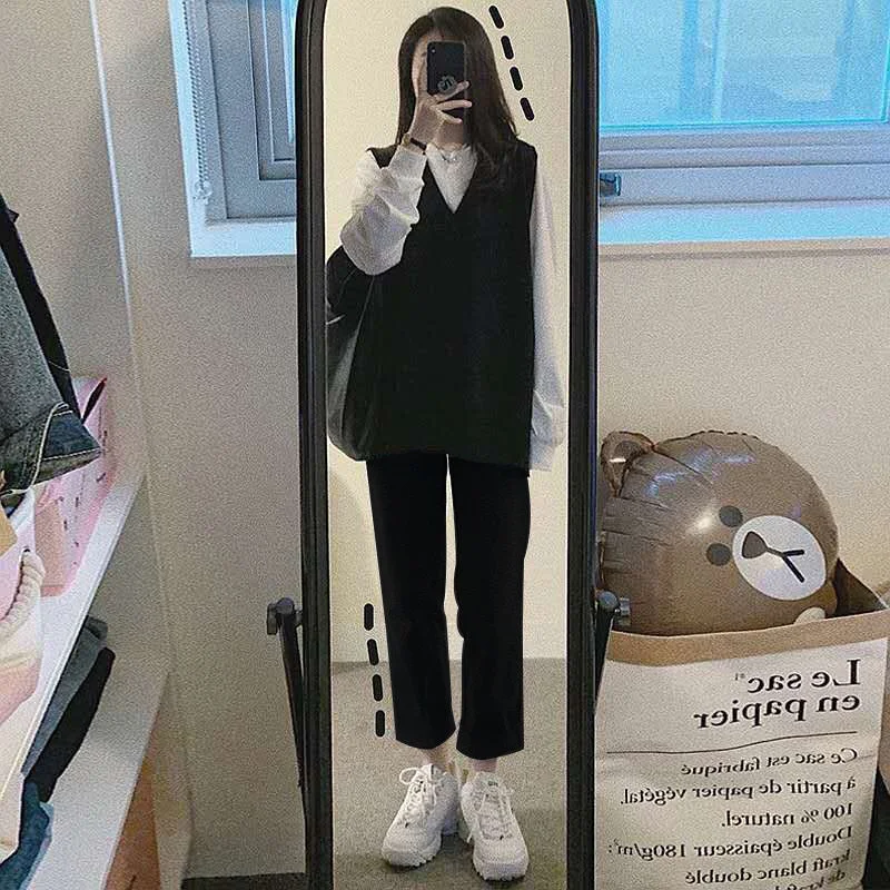 Women Sets Students Solid Preppy Style Black Vests Loose Casual Pants Simple Harjuku White Hoodies Korean Daily Ulzzang Trendy