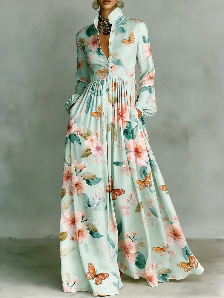 Women's Vintage print Elegant Romantic Vacation Maxi Dress