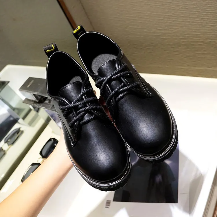 Yyvonne Leather Shoes Female British College Wind With Thick Heel Pure Color Casual Single Shoes Black Round Head Students With Single Shoes Women