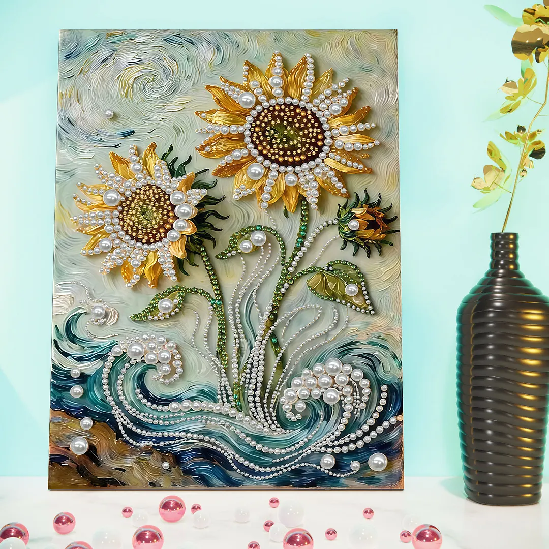 Sunflower DIY Pearl Diamond Art Painting Kit with Frame 11.81x15.75in Home Decor