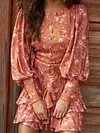 Retro Floral Print Flared Sleeves Belted Falbala Mini Dress
