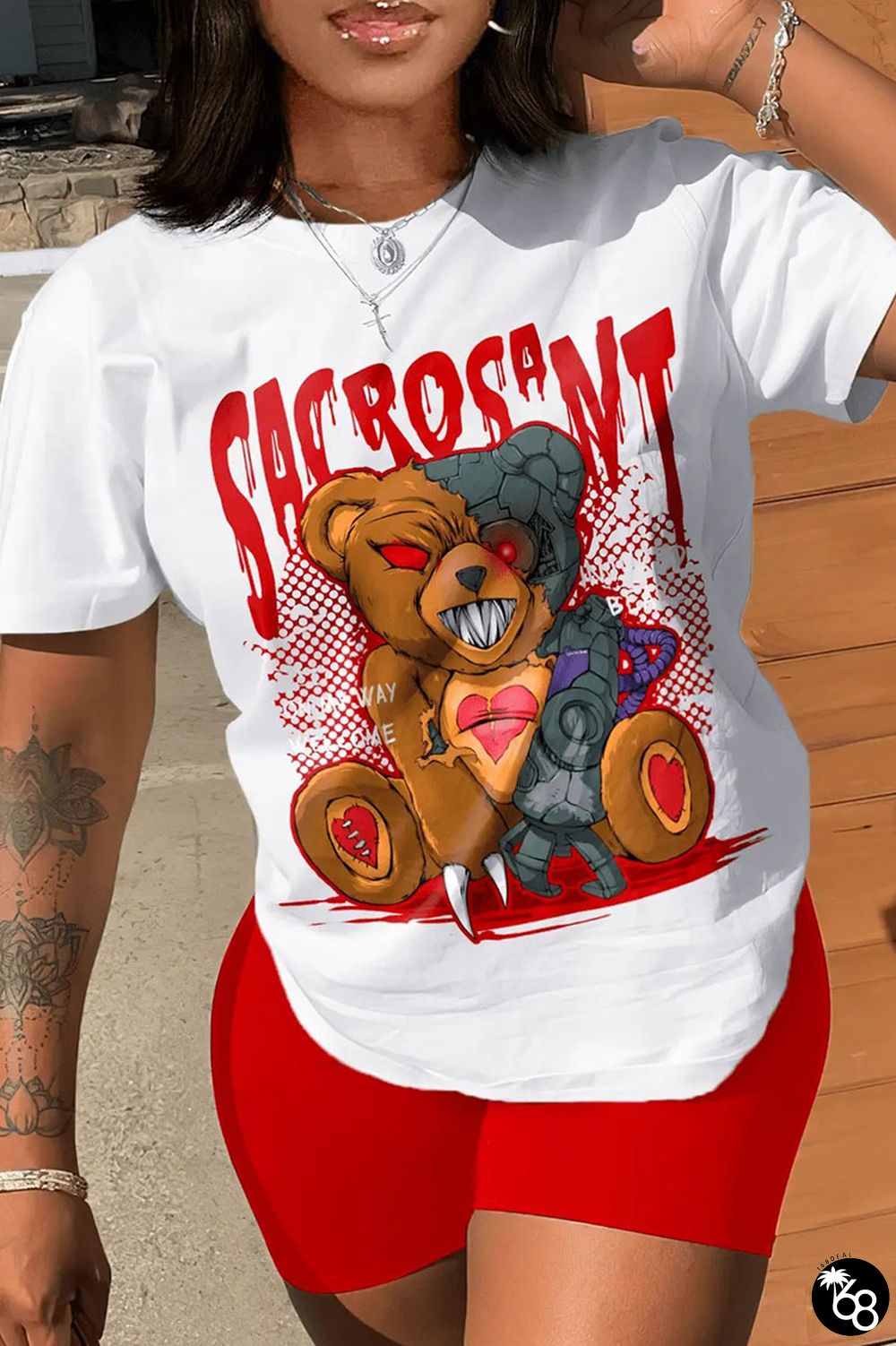 White Red Plus Size Casual Letter Character Patchwork O Neck Plus Size Two Pieces | 168DEAL