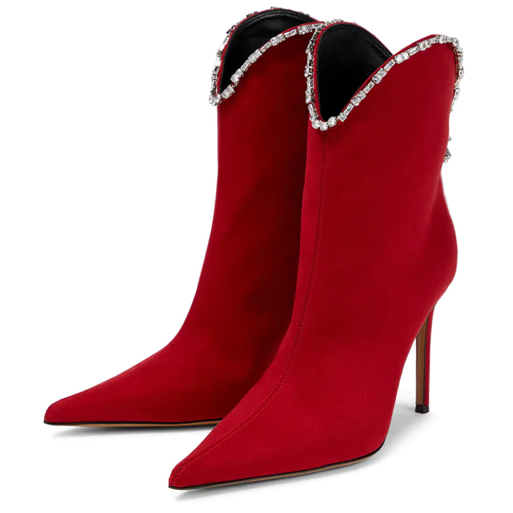 Red Vegan Suede Pointy Toe Heeled Booties Rhinestone Trim Ankle Boots Nicepairs