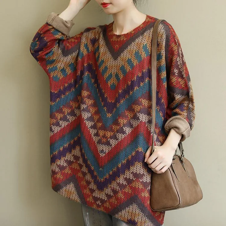 Cozy Autumn Vintage Loose Knit Printed Casual Long-Sleeved Sweater