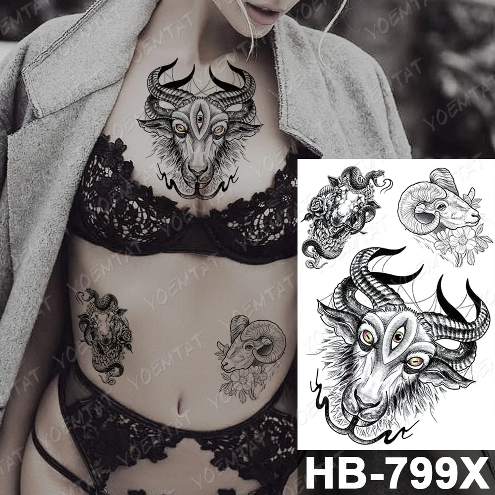 Waterproof Temporary Tattoo Sticker Three-eyed Goat Snake Flash Tattoos Moth Old School Body Art Arm Fake Tatoo Women Men