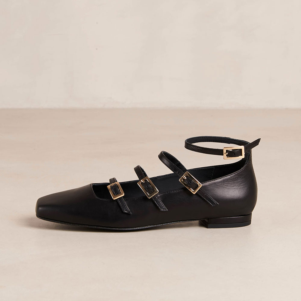 Black Vegan Leather Square Toe Flat Buckled Strappy Ballet Shoes Nicepairs