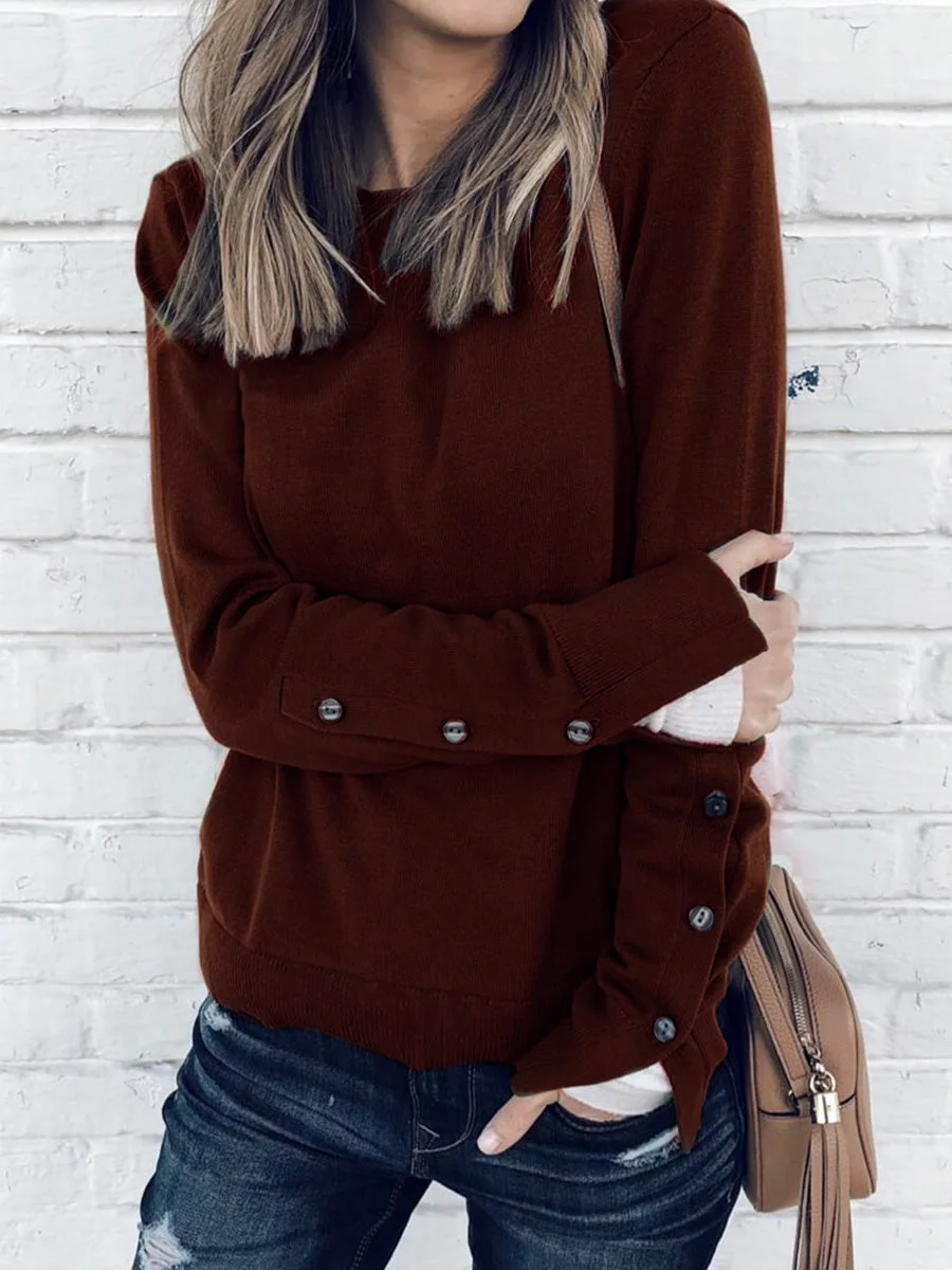 Round Neck Buttons Cuff Solid Color Sweatshirt