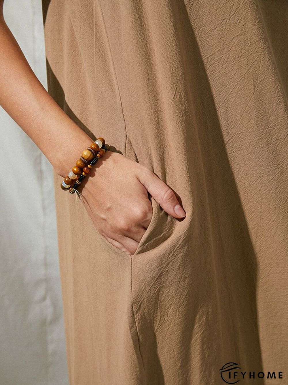 Loose Button Sleeveless Crew Neck Solid Color Vintage Dress | IFYHOME