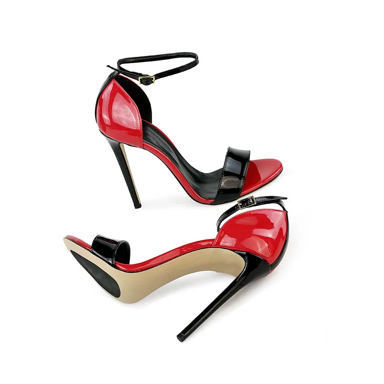 Red and Black Patent Leather Ankle Strap Heeled Sandals|FSJshoes