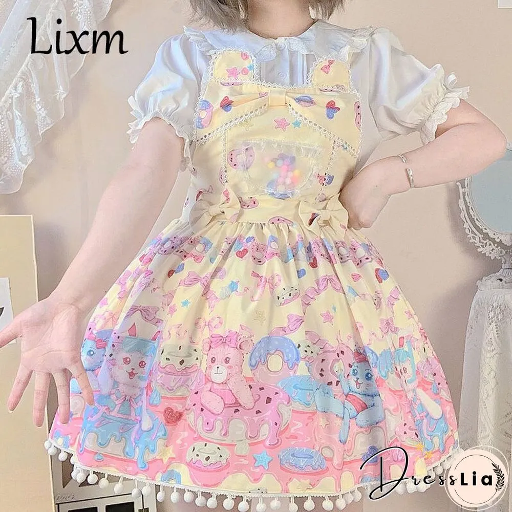 Sweet Lolita Milk Foam Pudding Print Cute Jsk Strap Dress Women Summer Tea Party Princess