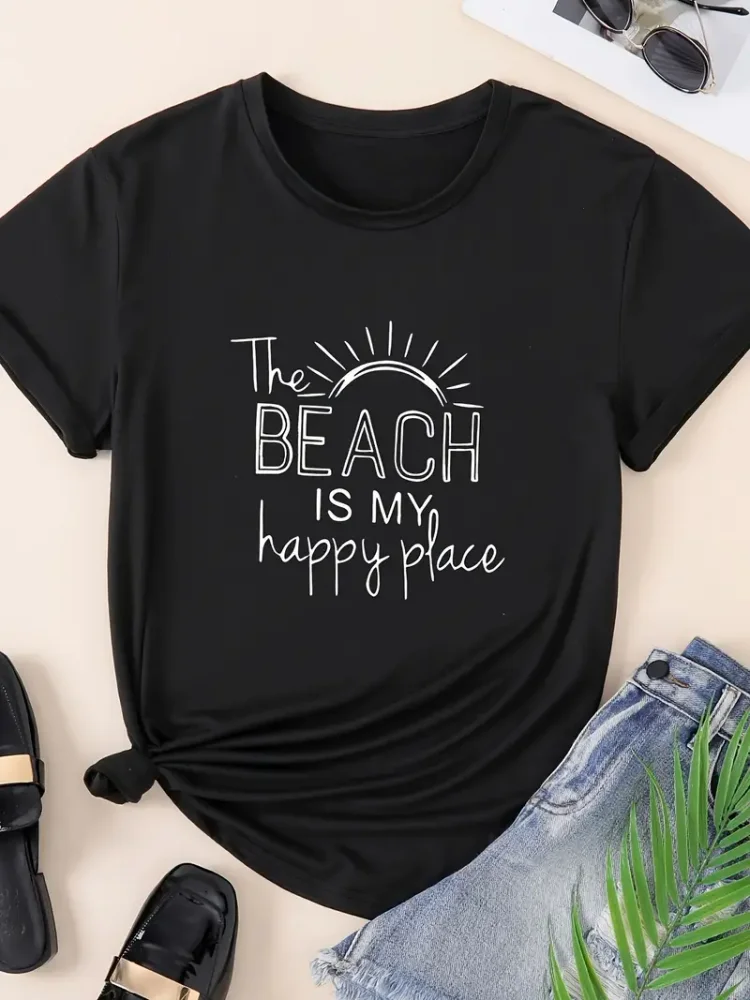 Womens Lightweight Happy Place Beach Graphic T-Shirt - Short Sleeve Crew Neck Casual Top for Summer & Spring, Fashionable Artistic Design - Perfect for Your Wardrobe