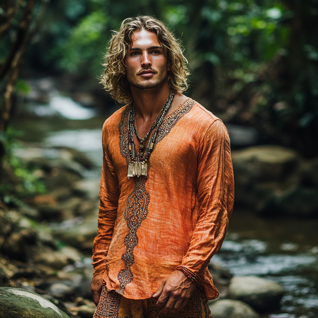 Men's Bohemian Holiday Style Vintage Printed Casual Long Sleeve Top-inspireuse