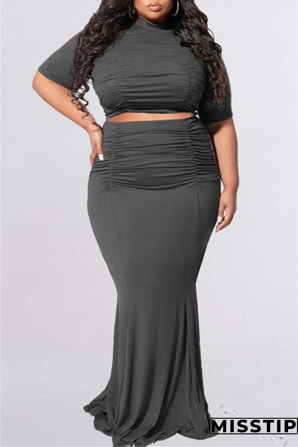 Dark Gray Fashion Casual Solid Fold O Neck Plus Size Two Pieces