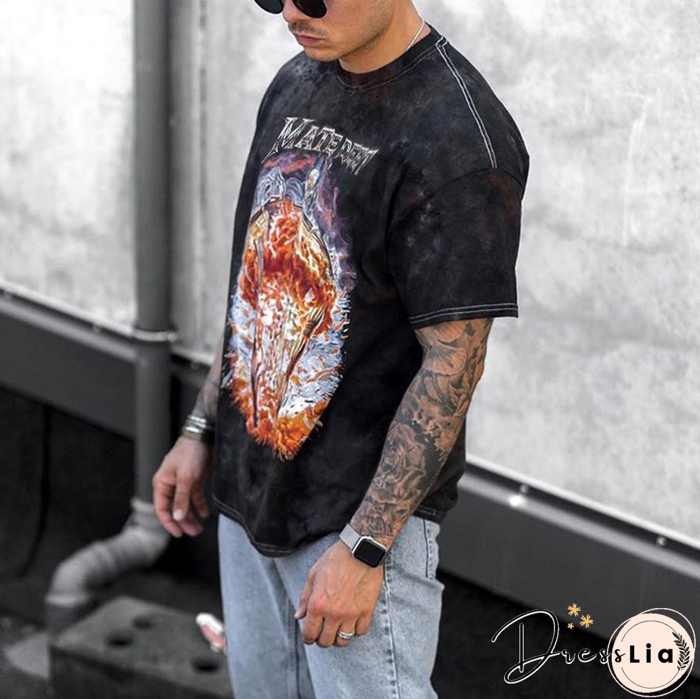 Mens Vintage Round Neck Printed Short-Sleeved T-Shirts