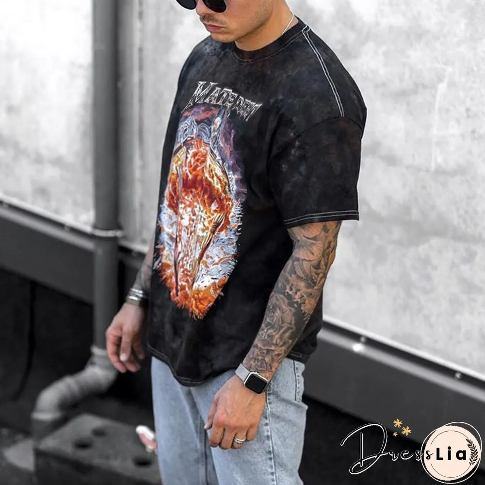 Mens Vintage Round Neck Printed Short-Sleeved T-Shirts