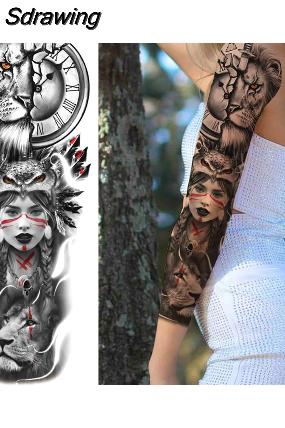 Sdrawing Arm Temporary Tattoos Sleeve For Men Women Realistic Fake Tatoos Warrior Lion Tiger Flower Tatoo Sticker Black Totem Maori 507-1