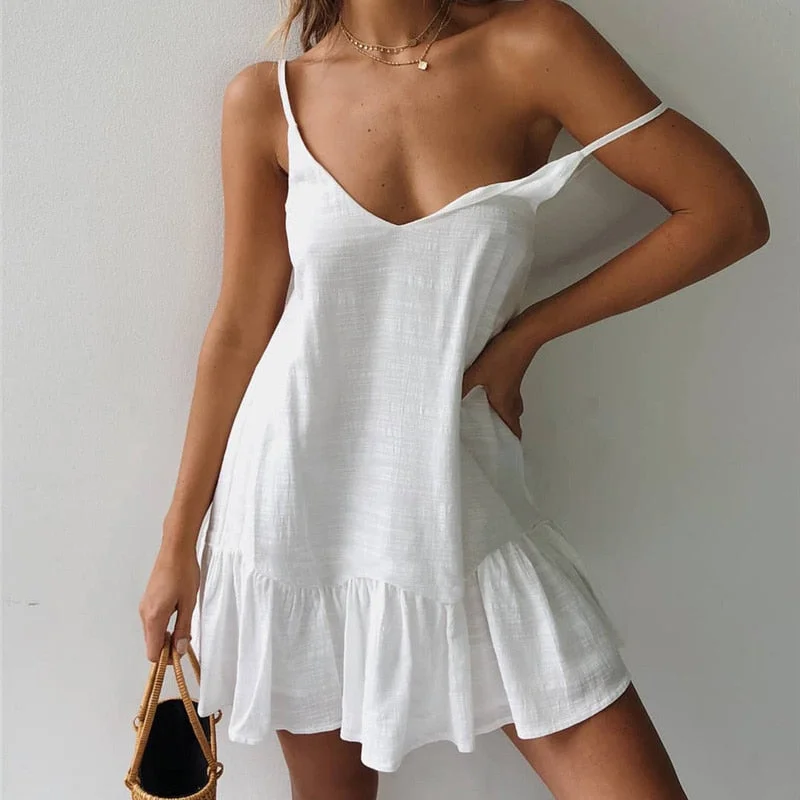 Lossky Loose Summer Dress Cotton Sexy White Halter V-neck Ruffled Women Casual Spaghetti Strap Mini beach clothes for women 2020