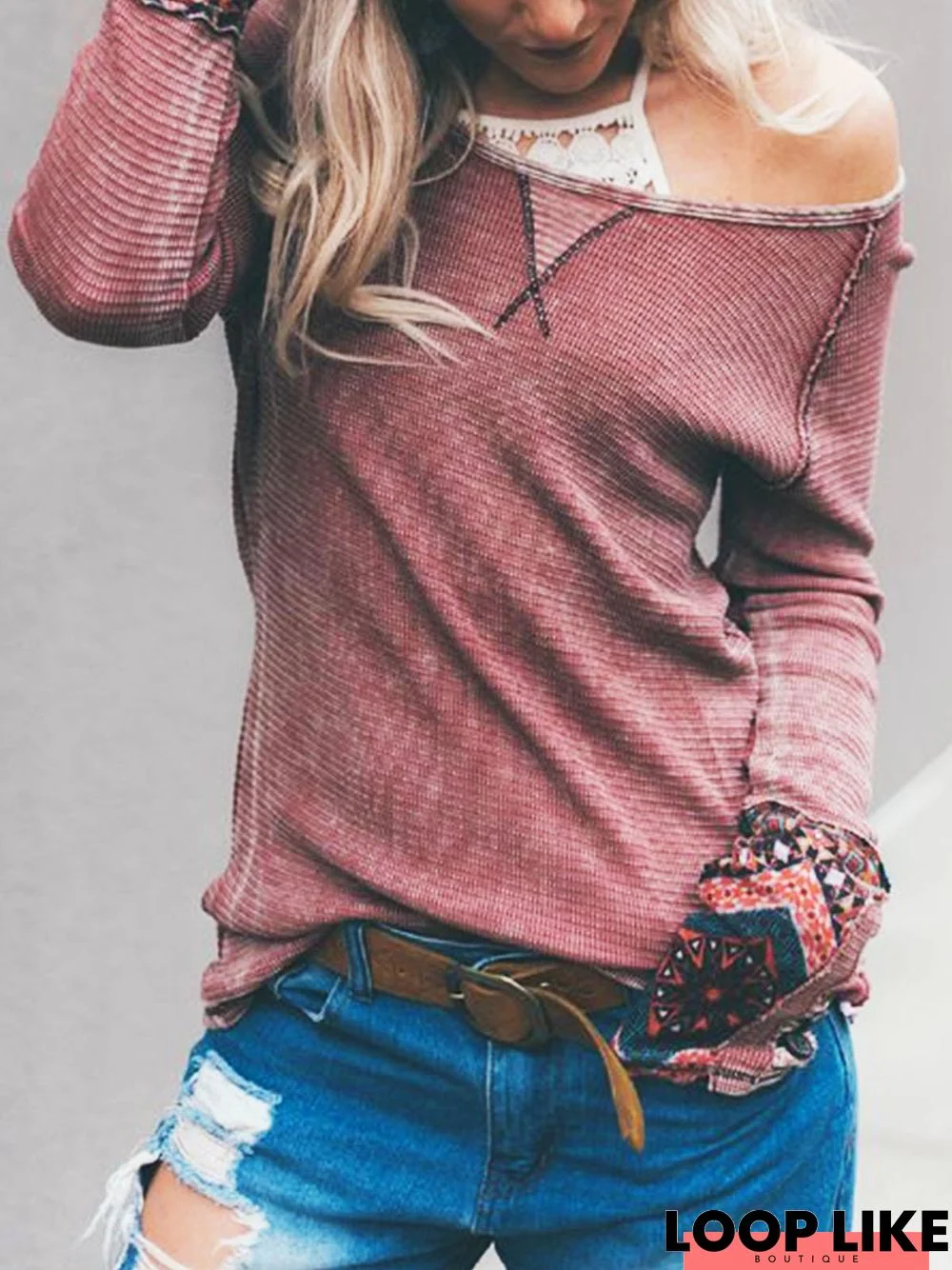 Crimson Crew Neck Tribal Casual Tops