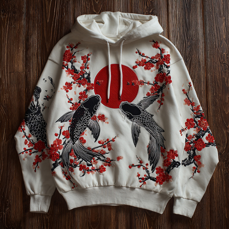 Men's Koi And Plum Blossoms Embroidered Japanese Art Casual Hoodie  artssus
