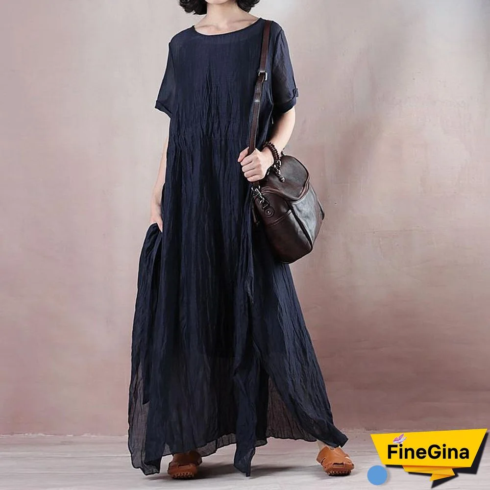 boutique blue silk linen dresses plus size o neck baggy dresses tie waist caftans vintage short sleeve a line skirts