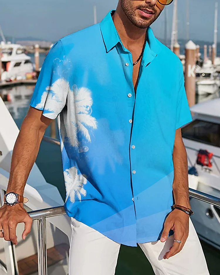 Blue Restro Hawaiian Beach Short Sleeve Printed Men's Shirt at Hiphopee