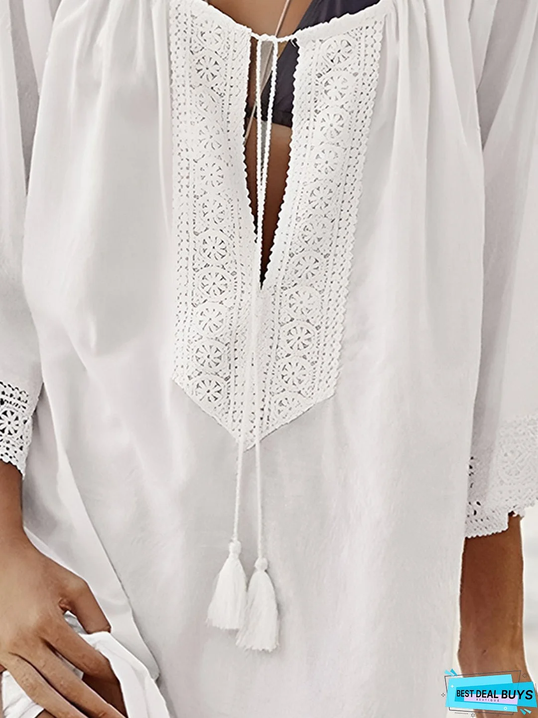 Lace Detail Tie Neck Three-Quarter Sleeve Cover Up