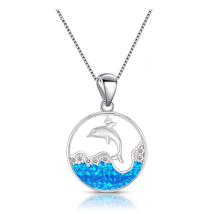 Olivenorma Blue Opal White Zircon Ocean Dolphin Pendant Necklace