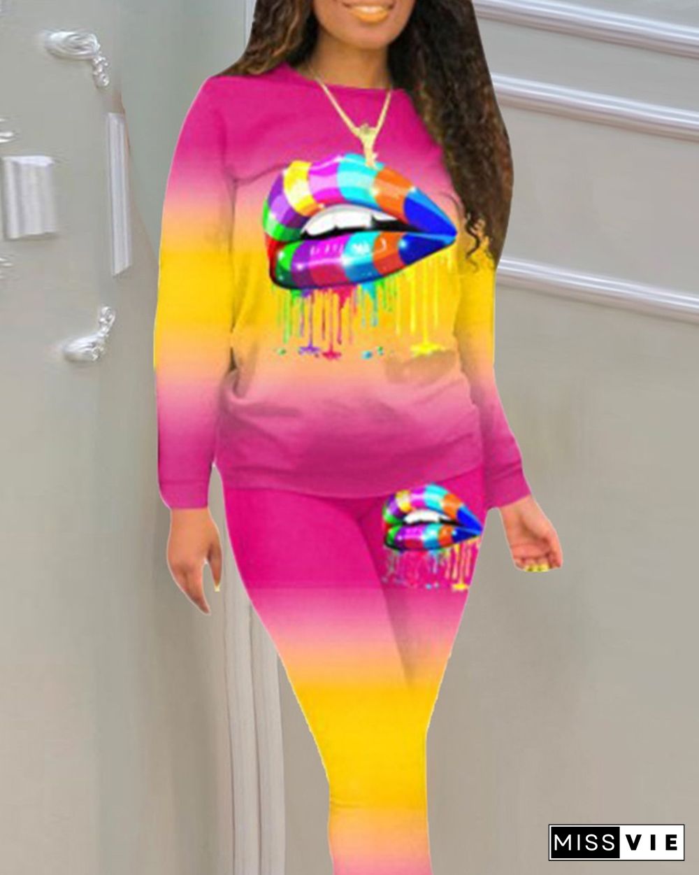 Gradient Color Block Lip Print Long Sleeve Active Sets