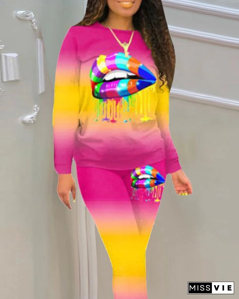 Gradient Color Block Lip Print Long Sleeve Active Sets
