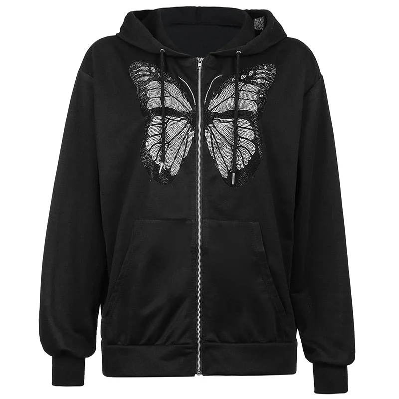 Graduation Gifts  Butterfly Pattern Zipper Up Casual Loose 90s Hoodies Autumn Fashion Long Sleeve Grey Oversize Sweatshirts For Women 2022