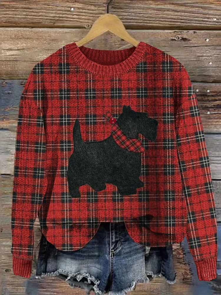 Scottish Terrier Dog Felt Applique Tartan Cozy Sweater