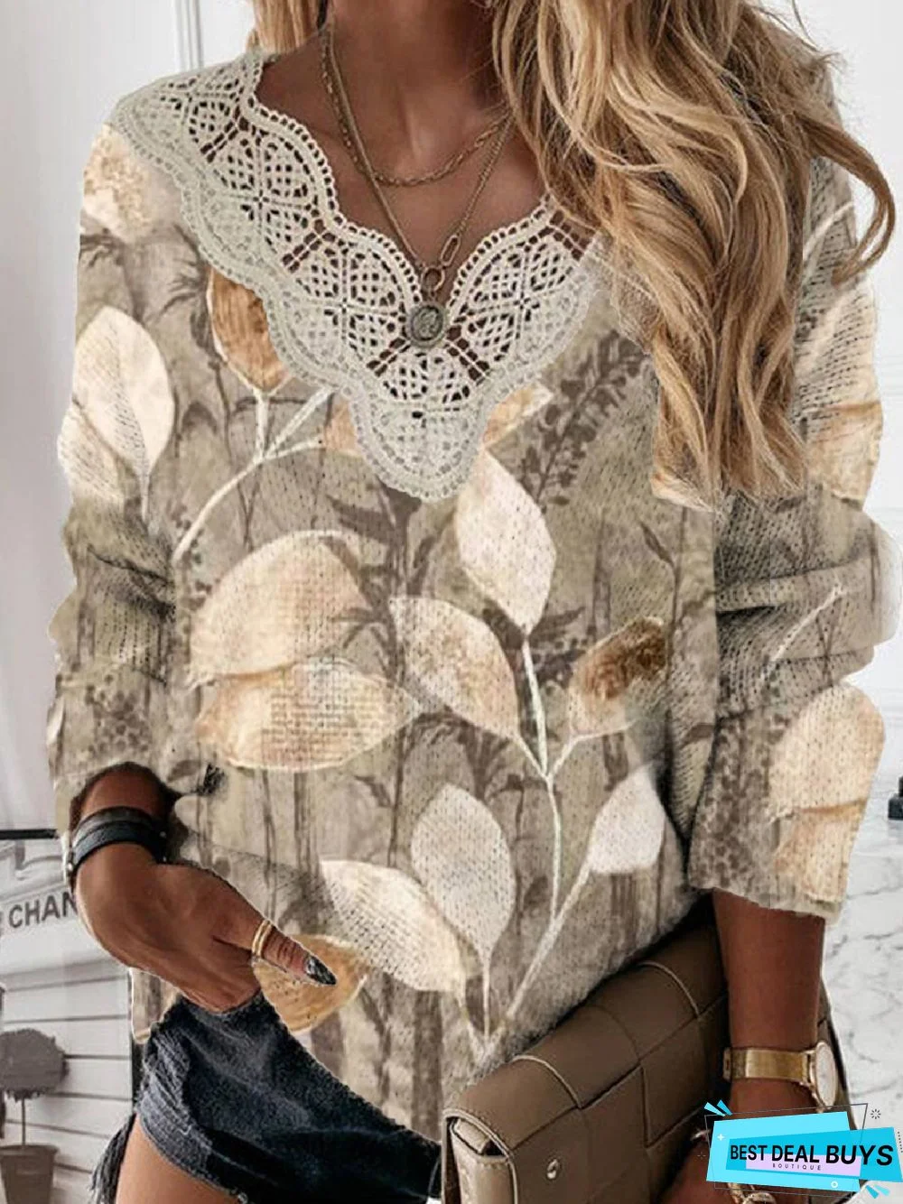 Casual Leaves V Neck Top