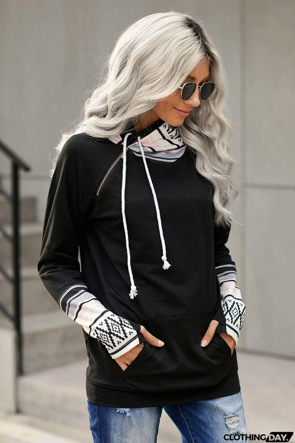 Plaid Double Hoods Thumb Hole Hoodie