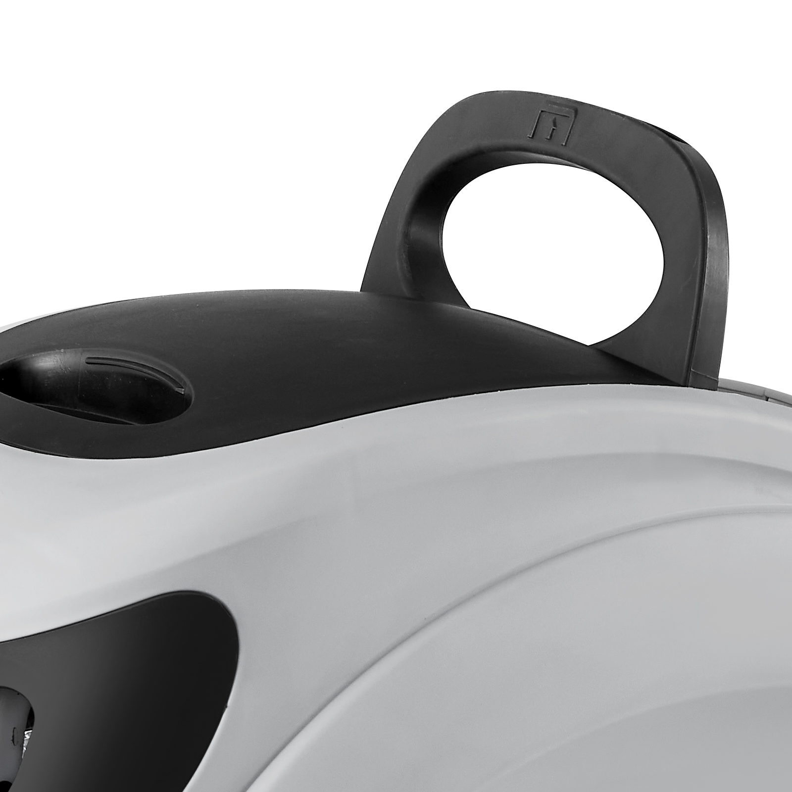 close-up of the VEVOR retractable hose reel showing the handle and outer casing in black and gray.