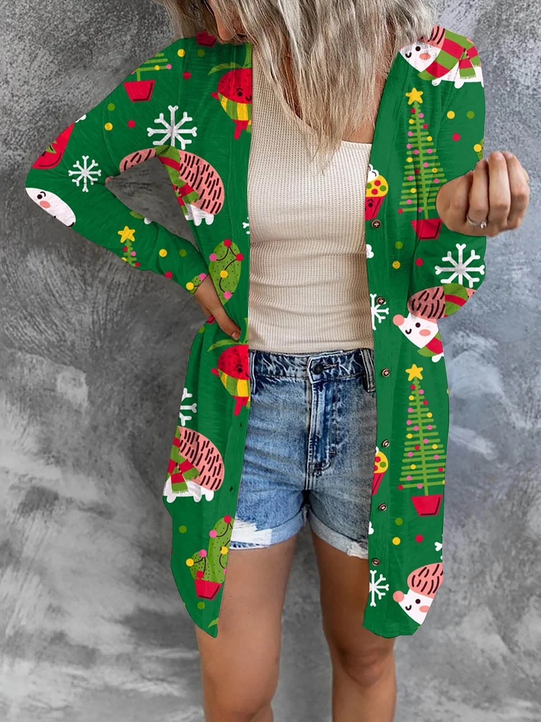 Women's Christmas Printing Fashion Button Long Sleeve Cardigan