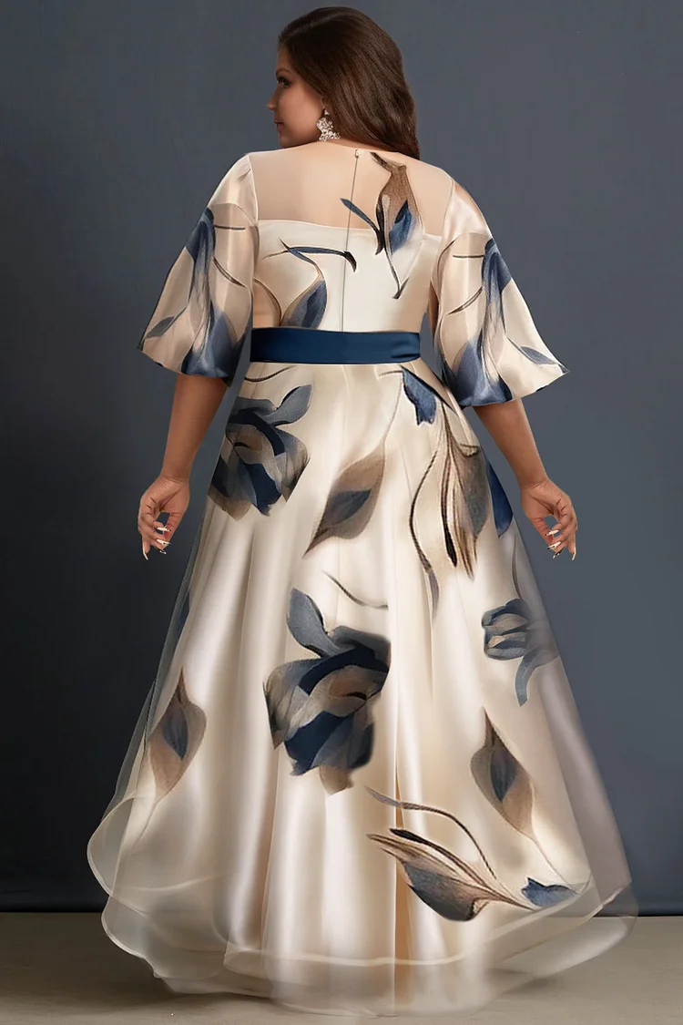 Xpluswear Design Plus Size Formal Beige Floral Round Neck Half Sleeve See Through Organza Maxi Dresses