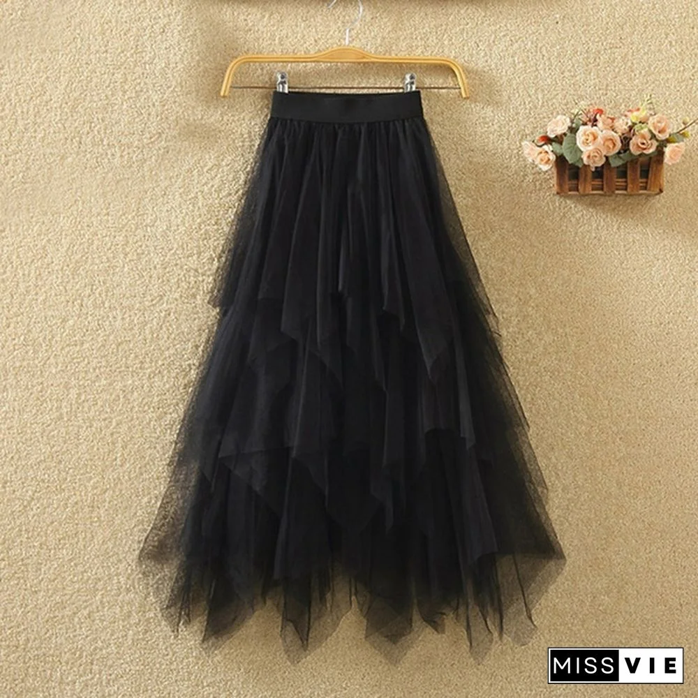 Women Summer Tulle Skirt Elastic Mesh Layered High Waist Pleated Ladies Midi Skirt