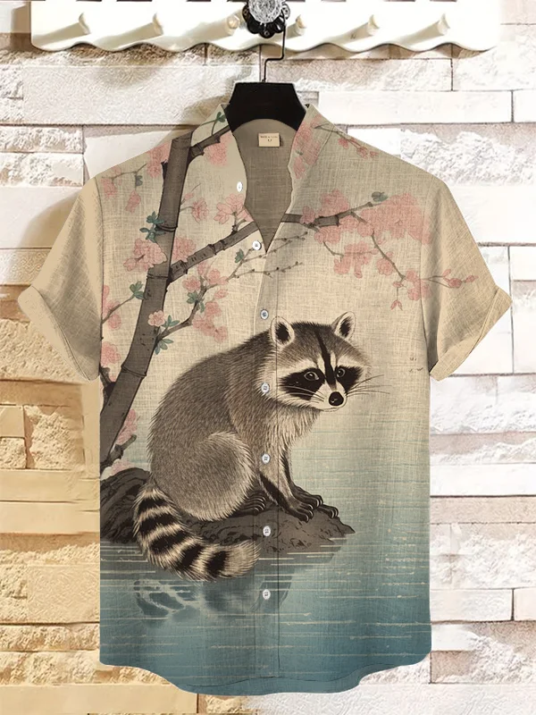 Men's Retro Riverside Raccoon Japanese Art Print Linen Blend Shirt