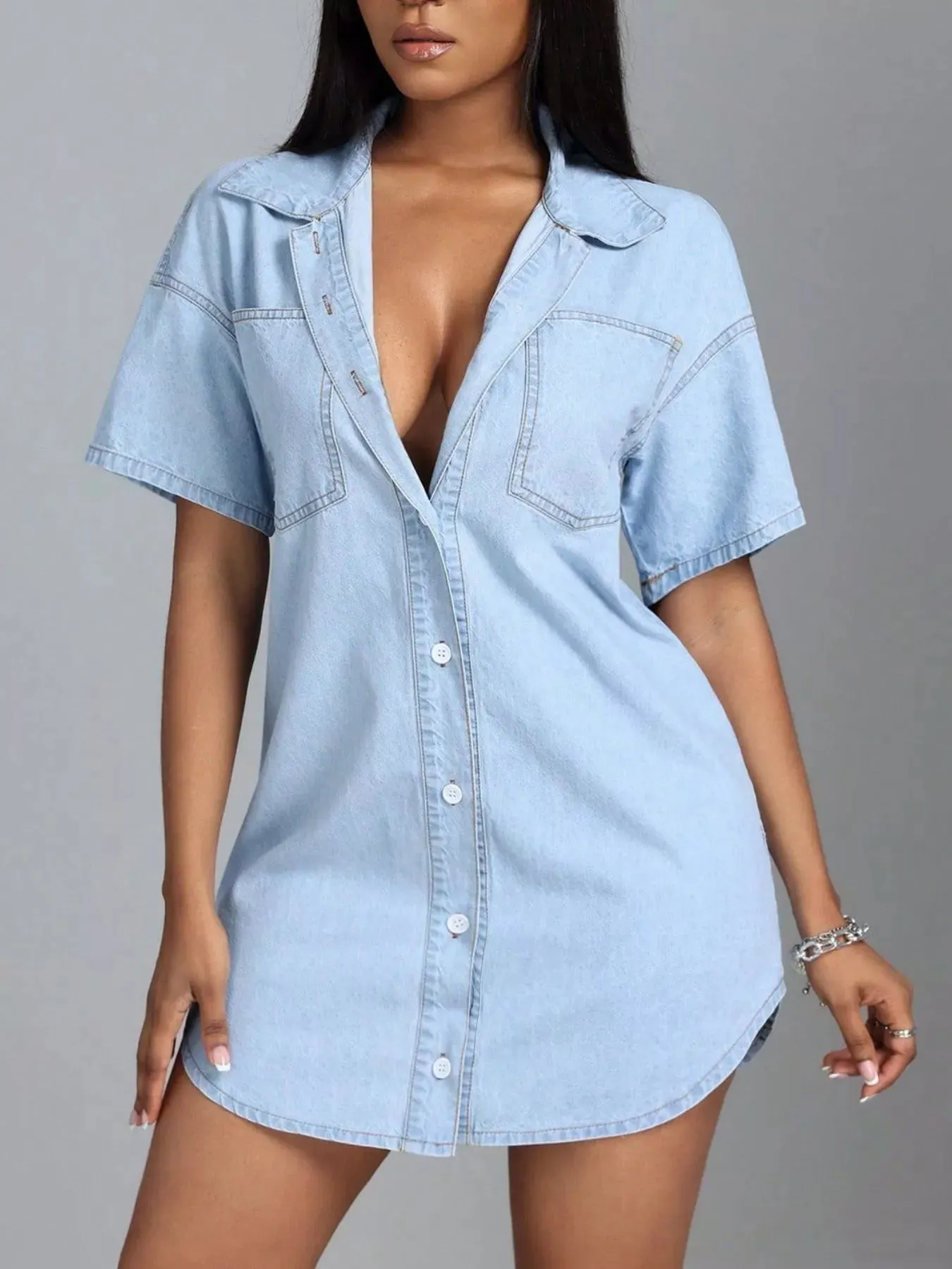 Button-Down Short Sleeve Denim Dress mysite idetrend