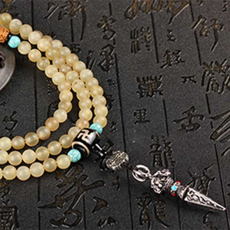 108 Beads Tibetan Sheep Horn Dzi Bead Turquoise Necklace Bracelet Mala