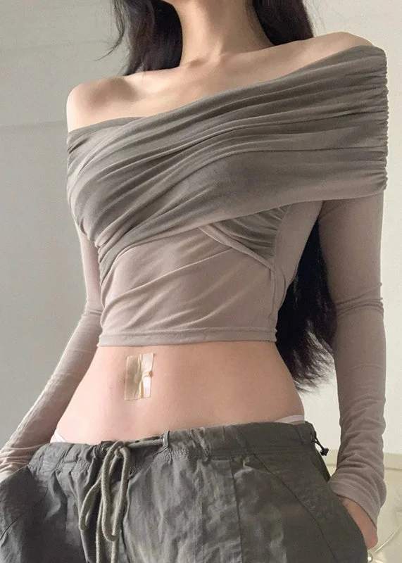 Fashion Grey Cold Shoulder Slim Fit Tulle Top Long Sleeve