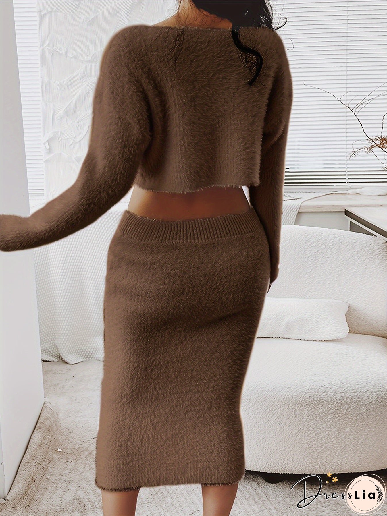 Solid Knitted Casual Two-piece Set, Slant Shoulder Crop Top & Elastic Waist Skirt Outfits, Women's Clothing