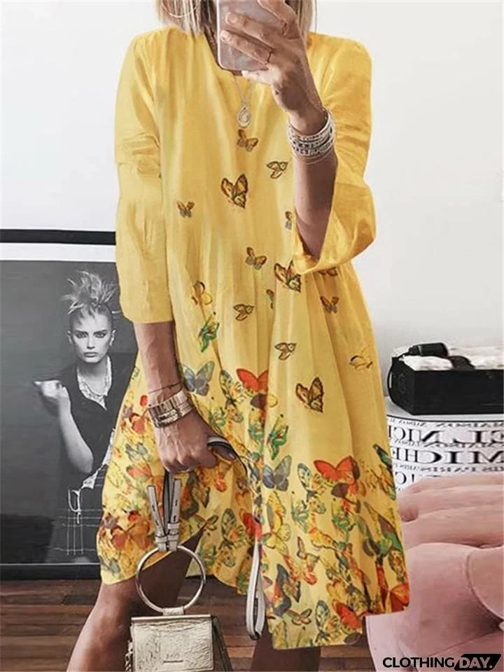 Loose Fit Butterfly Printed Round Neck Long Sleeve Midi Dress