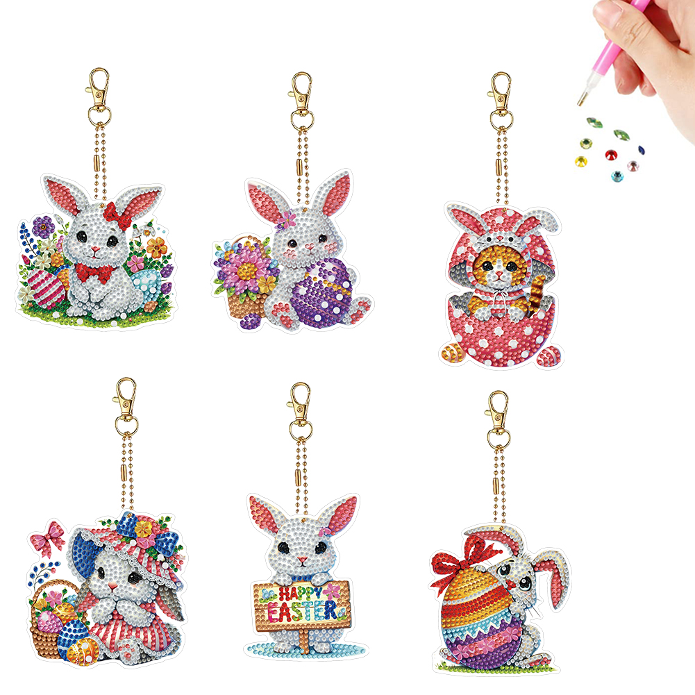 6Pcs Double Sided Special Shape Easter Bunny Diamond Painting Art Keyring